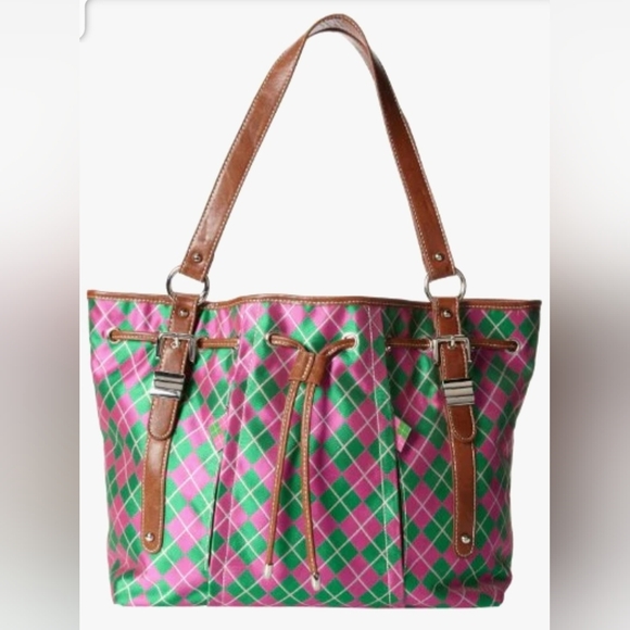 SYDNEY LOVE ARGYLE DRAWSTRING TOTE SHOULDER BAG,PINK/GREEN,ONE SIZE - Picture 2 of 14